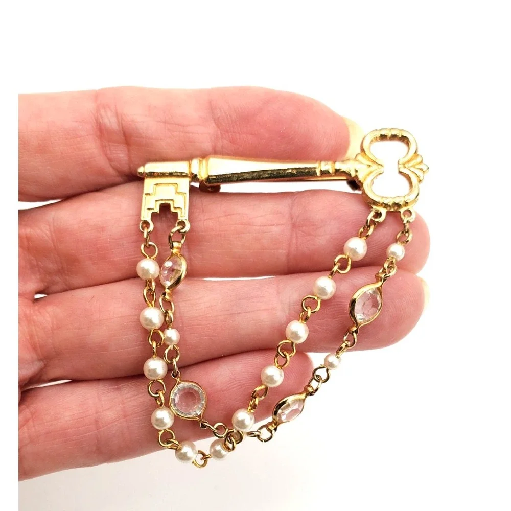 Vintage Key w 2 Rows of Dangling Faux Pearls & Crystals Brooch Pin Gold Tone
